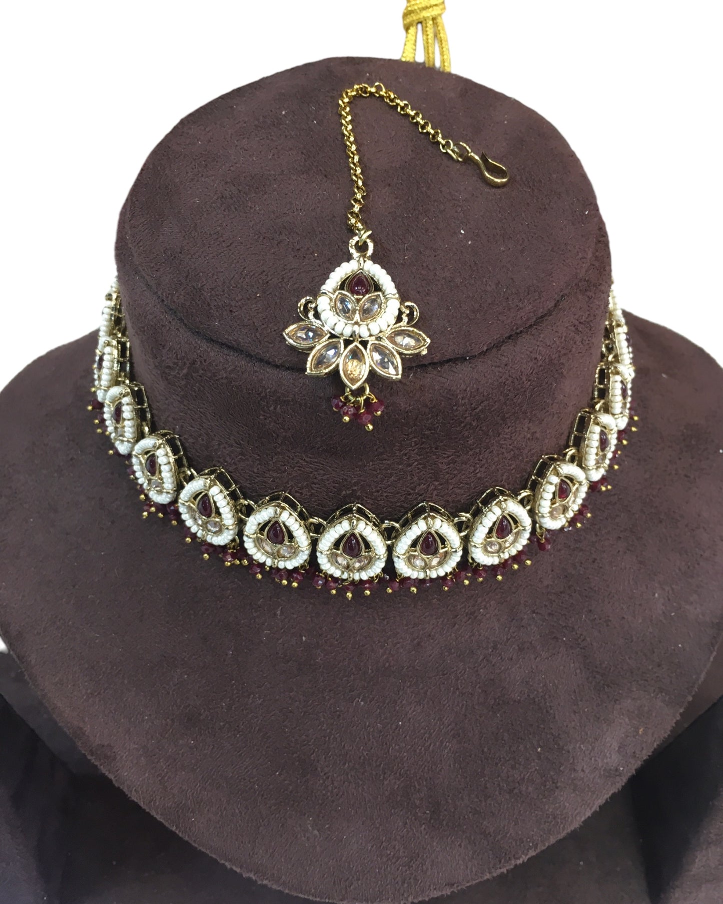 Maroon - Medium Size Antique Gold Finish Necklace Set with Earrings - RAK122 R 0424