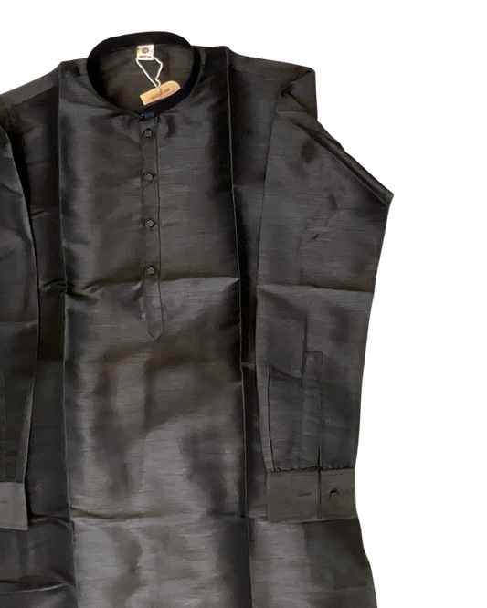Black - Plain Silky Mens Indian Kurta set with Trousers - UK Stock - Weddings / Walimas , Sangeet, Diwali, Eid, Mehndi / Henna - EM66 05KJ26