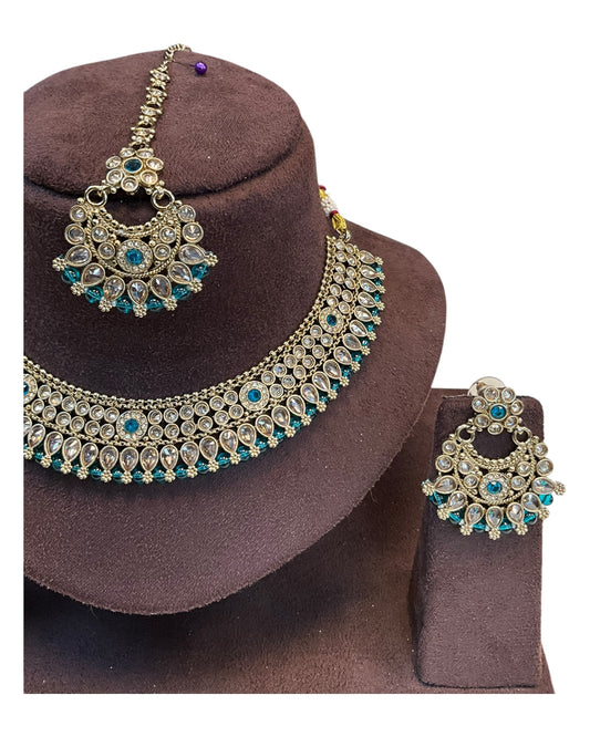 Turquoise - Large Size Antique Gold Finish Necklace Set with Earrings - SJ01 KVp