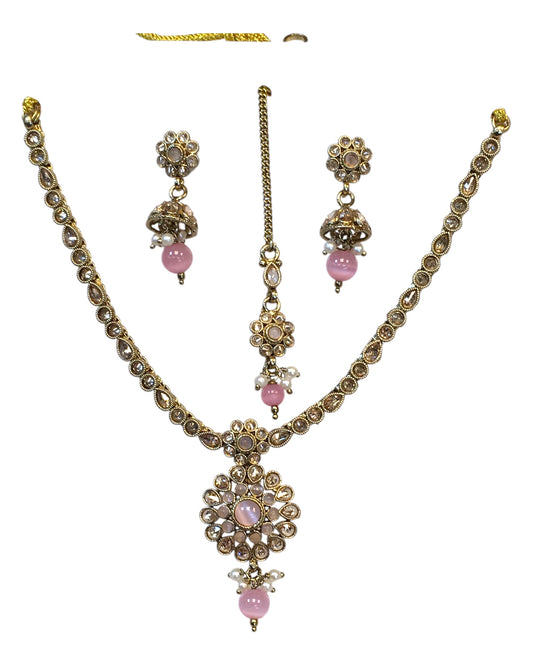 Pink - Small Size Antique Gold Finish Necklace Set with Earrings & Head Piece /Tika- SLV79 11A24