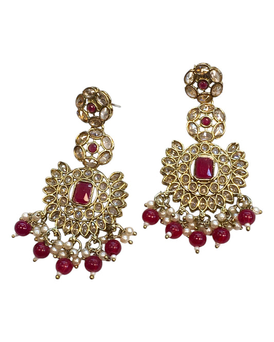Magenta - Large - Antique Gold Finish Traditional Earrings - Bollywood - Weddings - PRI1773  11Tp24