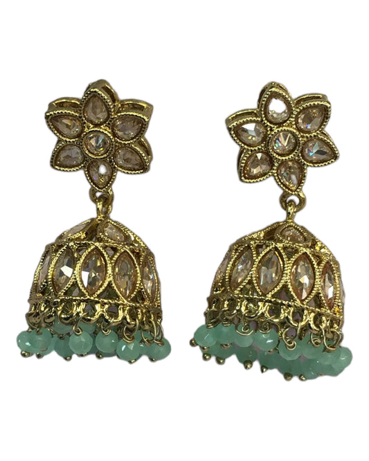 Mint Green - Small - Antique Finish Traditional Zhumki Earrings - Bollywood - Weddings - SV2406 J 0724