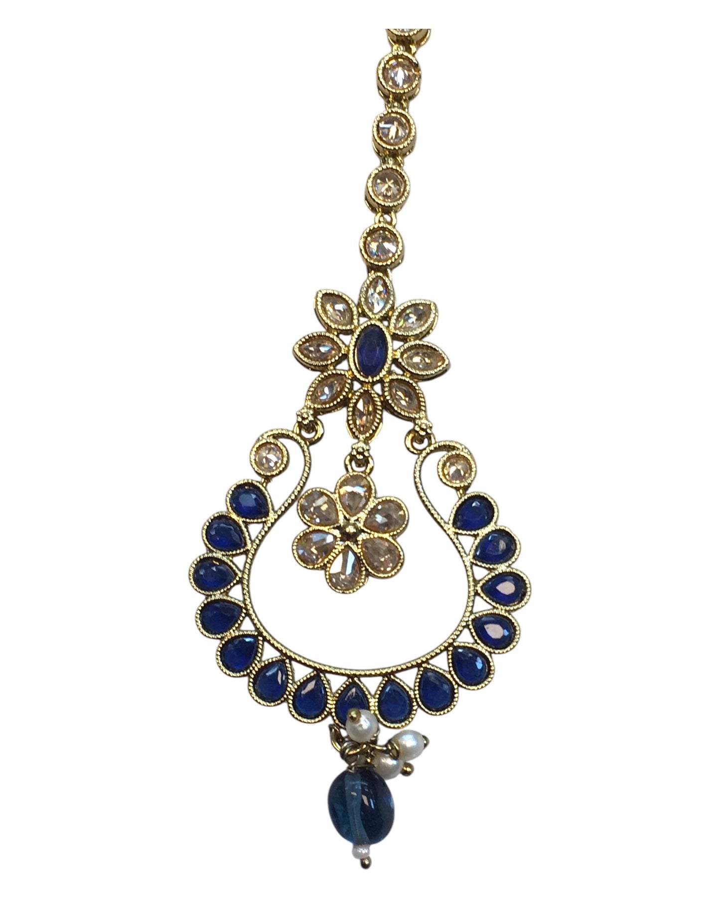 Navy Blue - Antique Gold Finish Large Size Tika Head Piece - Indian Ladies Fashion Jewellery - AE2440 11T24