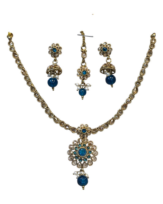 Turquoise Blue - Small Size Antique Gold Finish Necklace Set with Earrings & Head Piece /Tika- SLV79 11A24