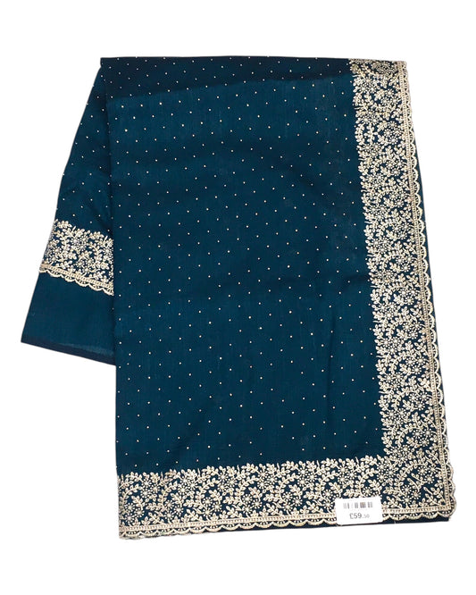 Teal - Chiffon Crepe - Party Wear Embroidered Saree with Blouse Piece - SP2504012 KP