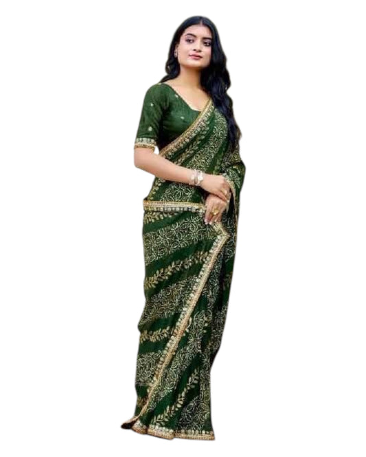 Bottle Green - Bandhani Printed - Chiffon Saree with Blouse Piece - KAS-Chuneri 308 10KV25