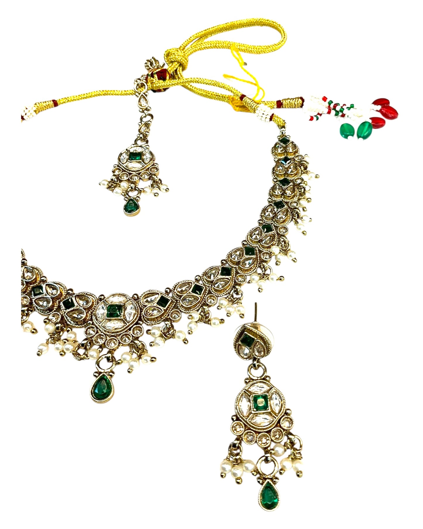 Green - Medium Size Antique Gold Finish Necklace Set with Earrings & Tika Head piece - SAJ04 08C25