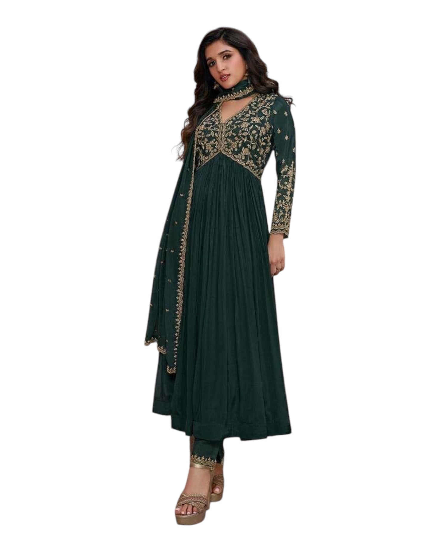 Chiffon - Teal Anarakali Long Dress with Trousers - Size 14 (Bust 40") - Inside Margin to let out ( 3 to 4")VF66573 TY 1024