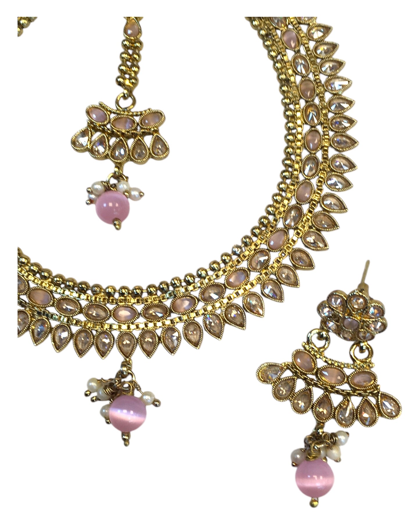 Pink - Antique Gold Finish Necklace & Earrings Set - Bollywood - Weddings - HR1015 11C24