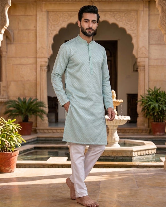 Pastel Sea Green - Self Brocade - Mens Indian Kurta set with Trousers - UK Stock - Weddings / Walimas , Sangeet, Diwali, Eid, Mehndi / Henna - VEE3516 09KV26