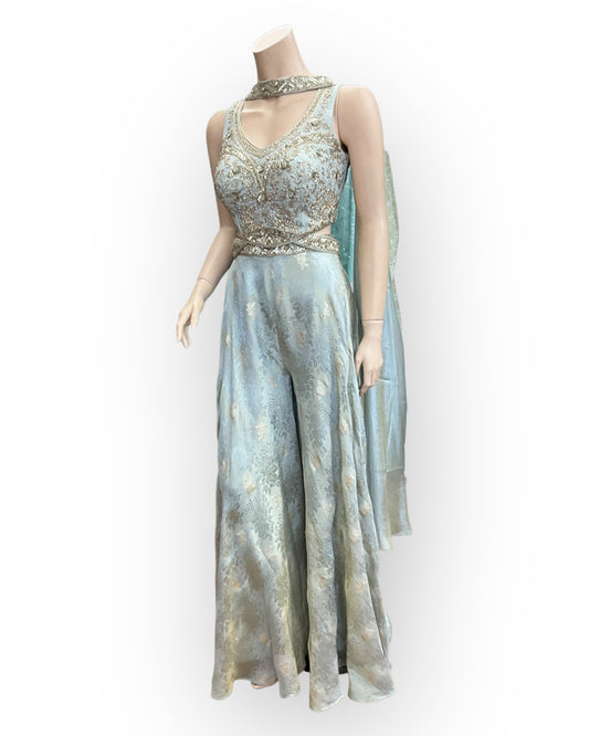 Silver Grey - Designer Ladies Short Top Palazzo Trousers Suit - Size 12 (38") - VMK KIA RR