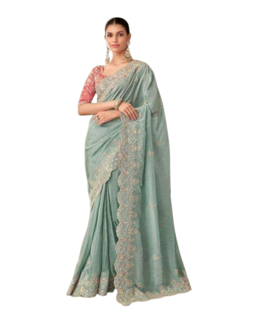 Light Turquoise Blue - Fancy Saree with contrast Blouse Piece - UK stock - 24hr Dispatch - TFH207TR