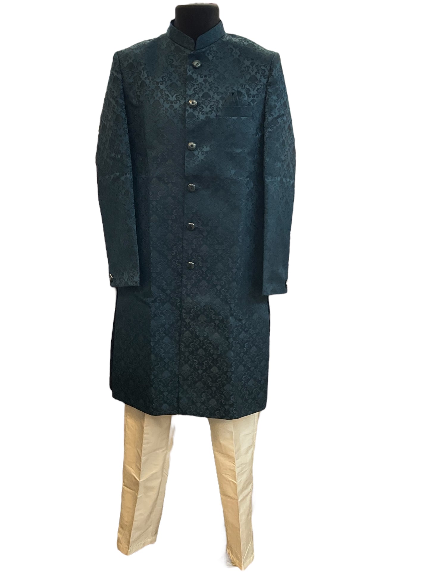 Teal Blue - Classic Self Brocade Mens Sherwani with Quality Buttons - Smart Trousers - UK stock - 2/3 Days Delivery - YD2504 PY