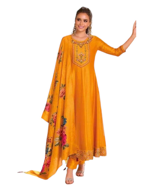 Yellow / Haldi - Simple / Classy Ladies Indian Trousers Suit with Printed Dupatta - Size 12 (38") - LL22603 VV 1024