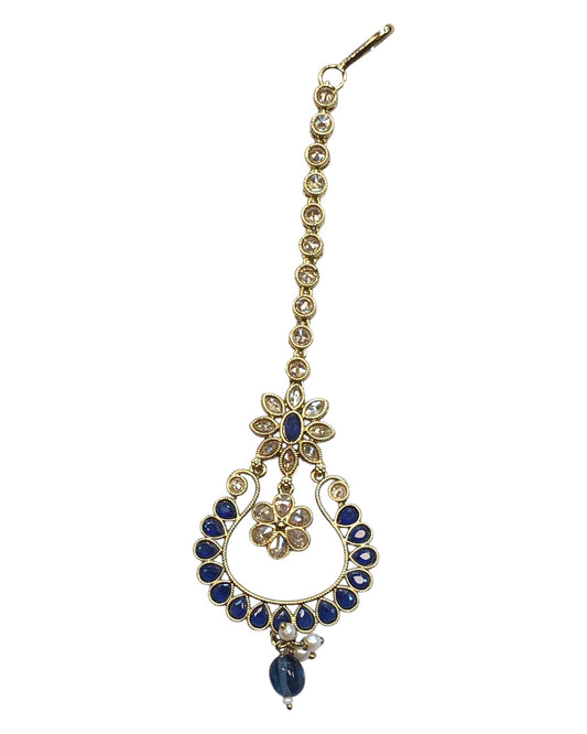 Navy Blue - Antique Gold Finish Large Size Tika Head Piece - Indian Ladies Fashion Jewellery - AE2440 11T24