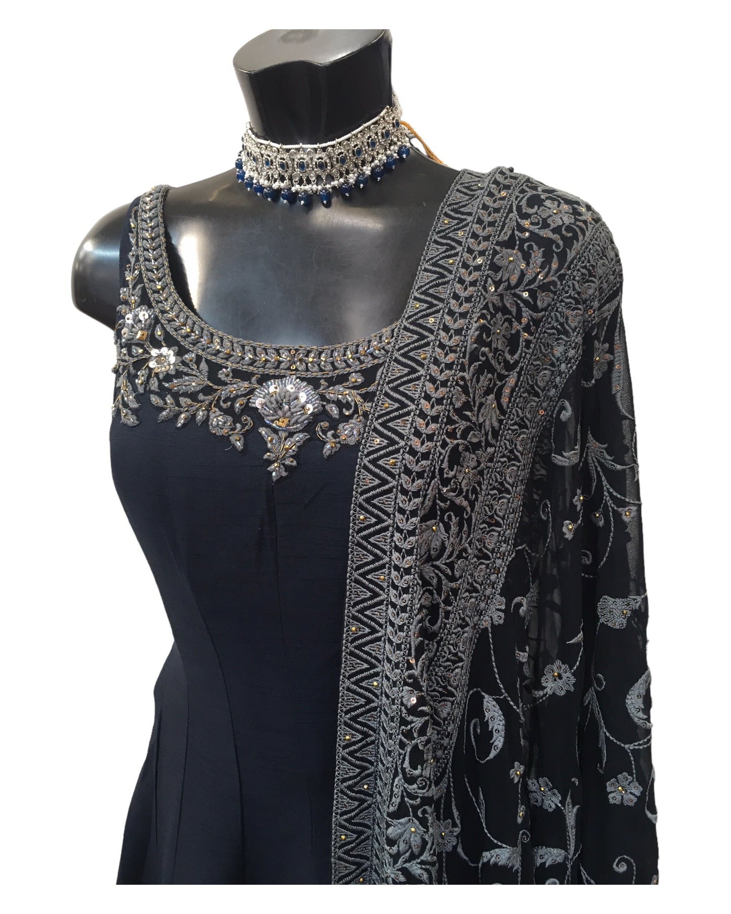 Cotton / Silky Dark Navy Anarakali Long Dress with Grey Embroidery - Size 12 (Bust 38") - Dulhan HY 0724