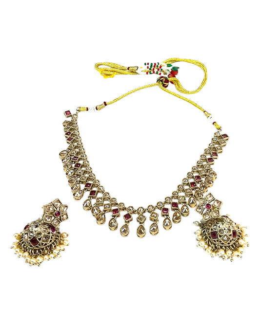Magenta Pink - Medium Size Antique Gold Finish Necklace Set with Earrings - SJ06 08H25