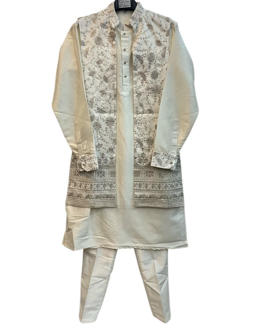 Off White / Cream - Mens Fully Embroidered Long Waistcoat with Rich Kurta set - KCS4853 03TH26