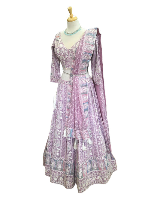 Pastel Lilac - Delicately Embroidered Chiffon Designer Lehenga Set - UK 12-16 - UK Stock - 24h Dispatch - NE2404 CP 0724