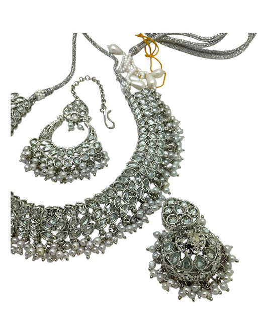 Clear / Pearl - Large Size Silver Finish Necklace Set with Earrings & Tika (Head Piece) - UK Stock - GGA17 08KK25