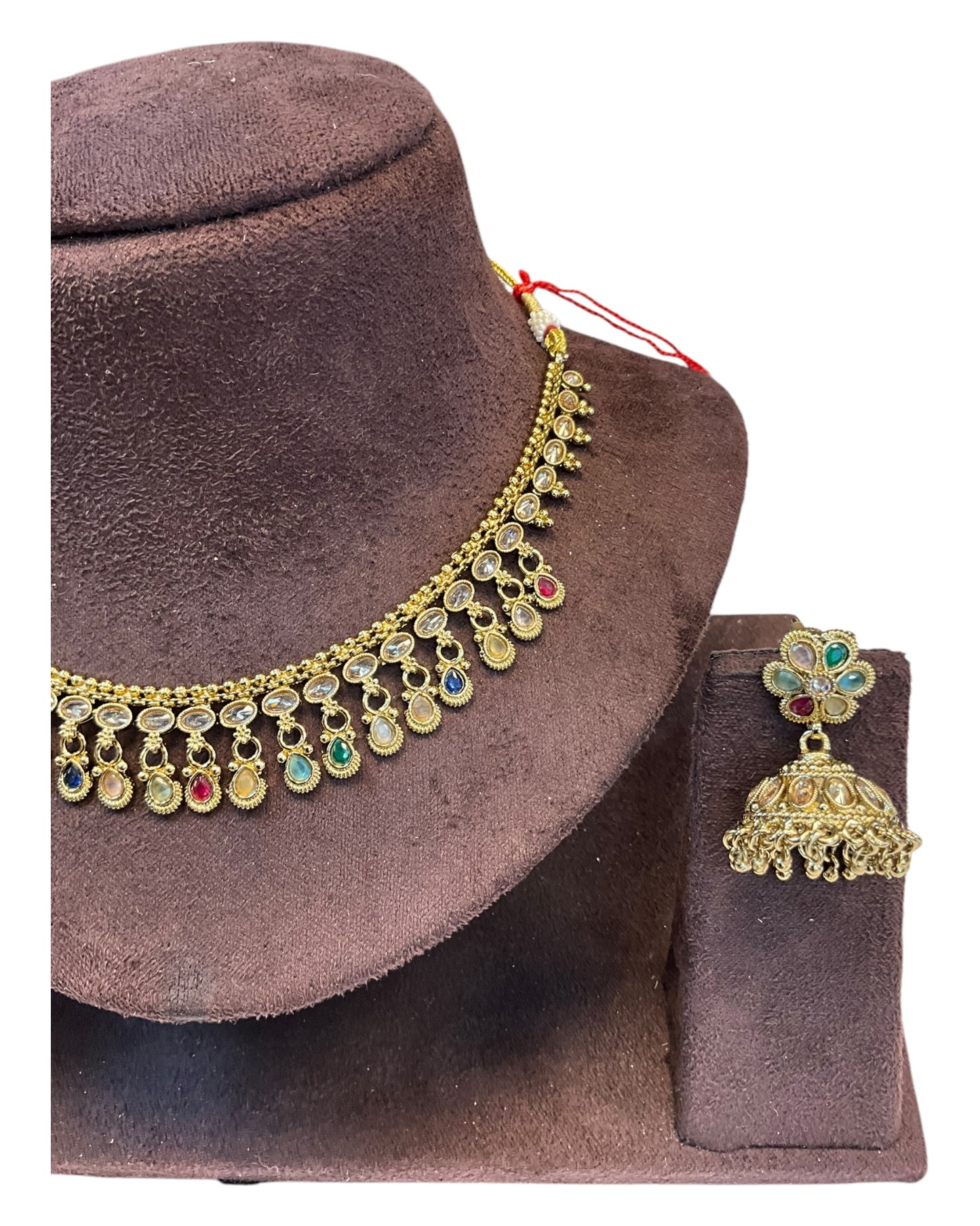 Multi Coloured - Small Size Antique Gold Finish Necklace Set - AE2506 C 0525