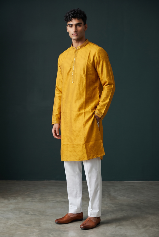 Haldi Yellow - Handloom Woven Mens Indian Kurta set with Trousers - UK Stock - Weddings / Walimas , Sangeet, Diwali, Eid, Mehndi / Henna - EM10786 05KC26