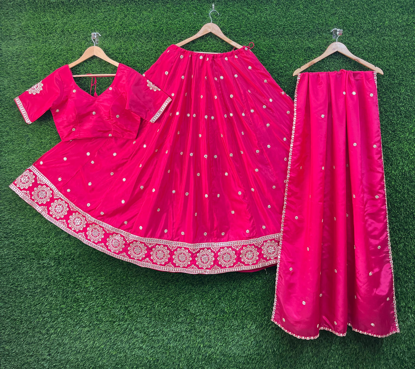 Strawberry / Fuchsia - Silky Lehenga Set - Mehndi / Sangeet / Bridesmaids / Weddings / Garba - Size UK 12 (38" Bust) Adjustable to Size 14 - UK Stock - 24h Dispatch - AF2602 02TY26