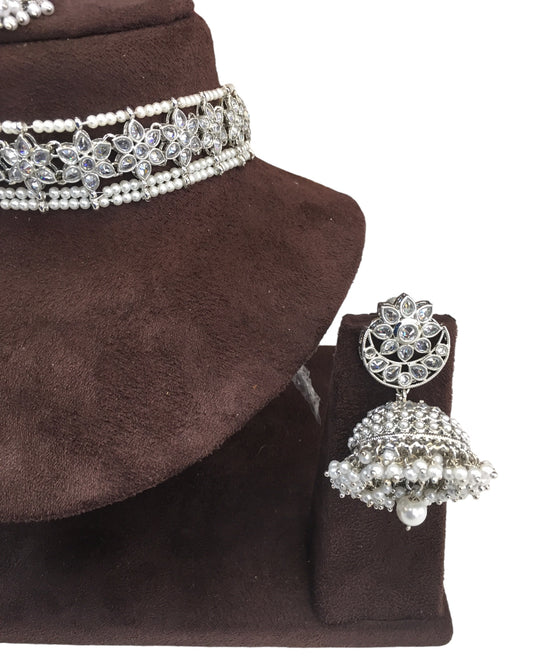 Clear - Large Size Silver Finish Necklace Set with Earrings - RAK95 KV 0424