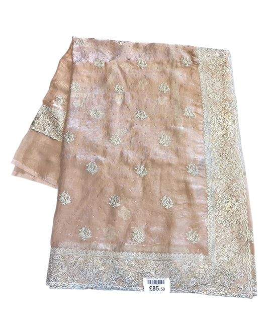 Champagne - Tissue Crepe - Party Wear Embroidered Saree with Blouse Piece - SP2504015 VR