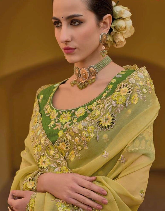 Yelllow - Chiffon Saree with Fancy Ready made Blouse - TAT6904 TA 0624