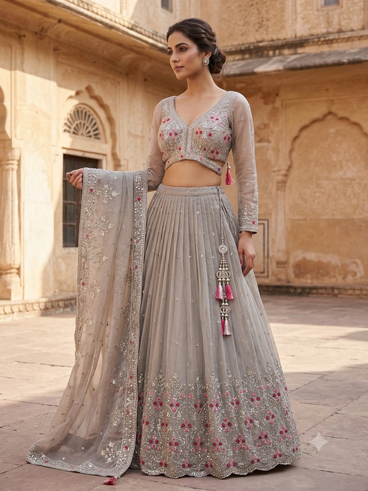 SALE ! Size UK 12 (38") Light Grey - Lehenga Set - Mehndi / Sangeet / Bridesmaids / Weddings / Garba - UK Stock - 24h Dispatch - OC42076 PA26