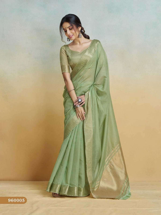 Light Green - Handloom -Cotton Silky Banarasi Saree with Blouse Piece - SHISLI960005 10KT25