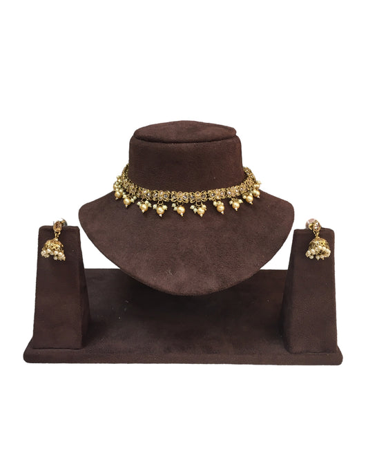 Gold / Nuetral - Small Size Antique Gold Finish Necklace Set with Earrings - VJY402 A 0424