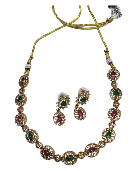 Green & Magenta Pink - Small Size Gold Finish Necklace Set with Earrings - SB1124 11A24