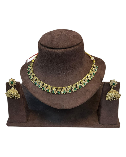 Green - Medium Size Antique Gold Finish Necklace Set - AE2508 H 0525