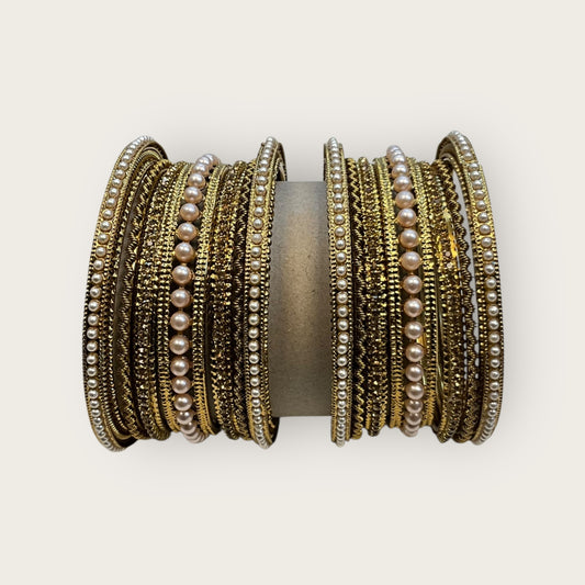 Pearls / Gold Stone - Antique Gold Finish Bangles Set (Set of 14) - UK stock - SM, M, L, XL JAN2655 09Tv25