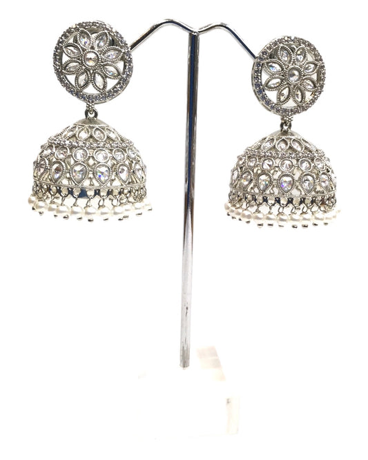 Silver Clear - Silver Finish Traditional Zhumki Earrings - Bollywood - Weddings - SV934 C 1023