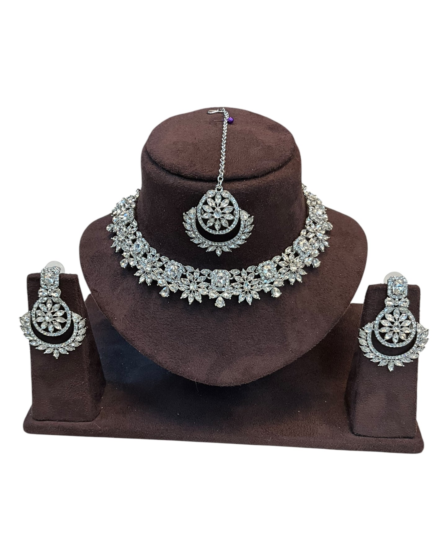 Clear - Medium Size Silver Finish Necklace Set with Earrings & Tika Head piece - JD7468 R 0525