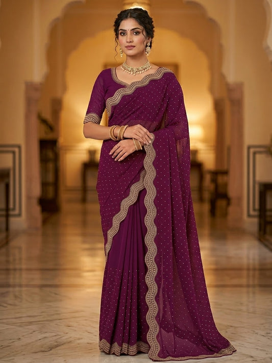 Fuchsia / Magenta Pink - Saree with Thread / Stone Work and Blouse Piece - UK stock - 24hr Dispatch - SP2611 VP