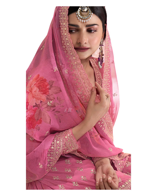 Pink - Simple / Classy Ladies Indian Palazzo Trousers Suit with Printed Dupatta - Size 14 (40") - VF67833 TK1024