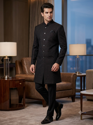 SALE ! Black with Maroon Sequins Fully Embroidered Soft Sherwani Set - UK Stock - 24h Dispatch - Spark17 JY 0324