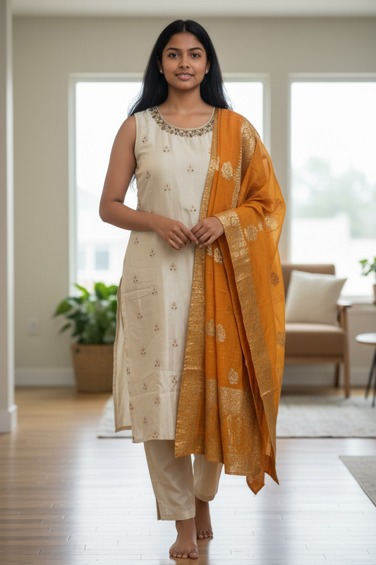 UK 14 / 40" - Light Gold with Yellow Dupatta - Silky Brocade Ladies Trousers Suit - Sangeet / Henna / Temple - KTC241063 VT VA