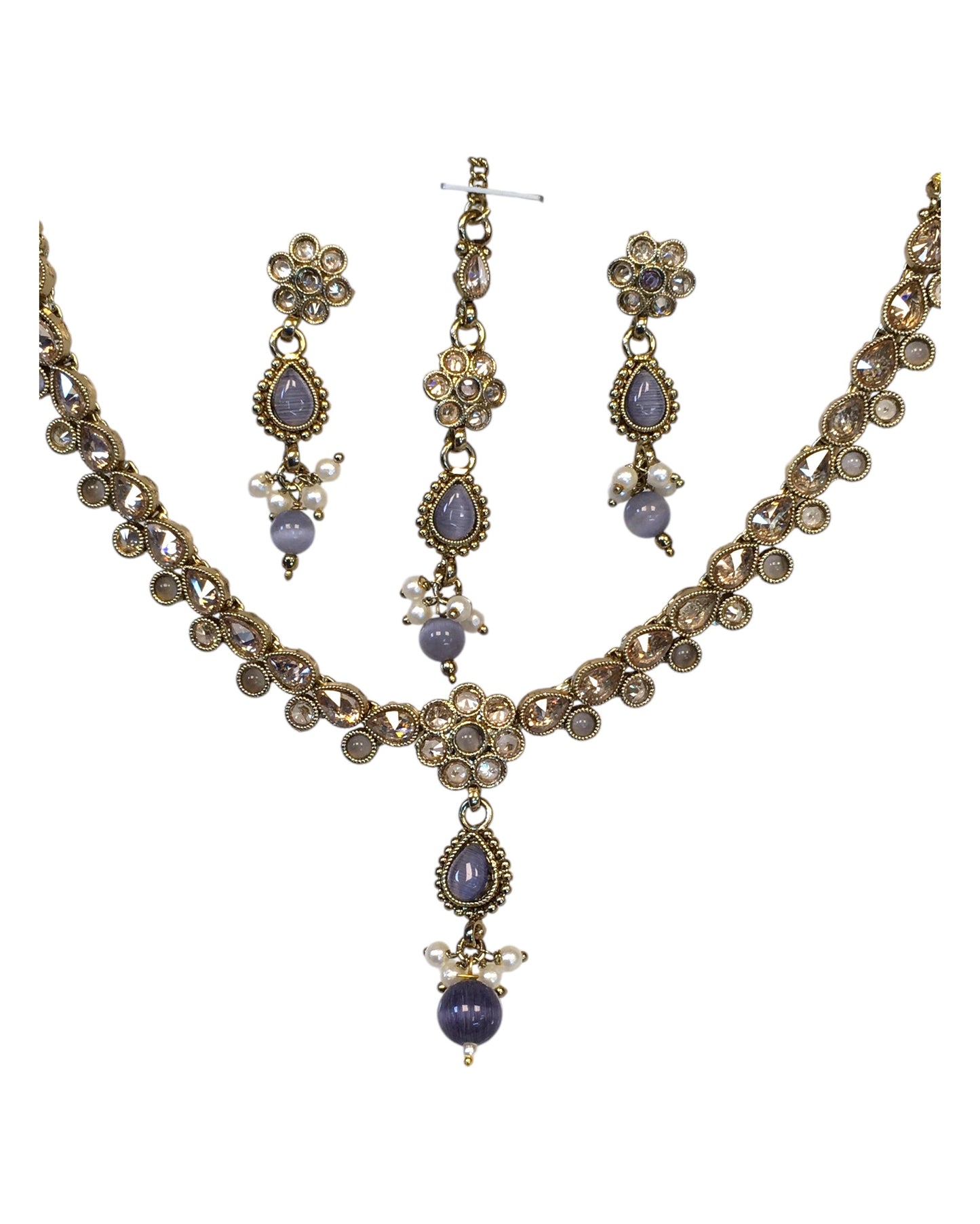 Purple - Small Size Antique Gold Finish Necklace Set with Earrings & Head Piece /Tika- SLV78 11Ap24