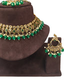 Green - Large Size Antique Gold Finish Necklace Set with Earrings - VJY403 C 0424
