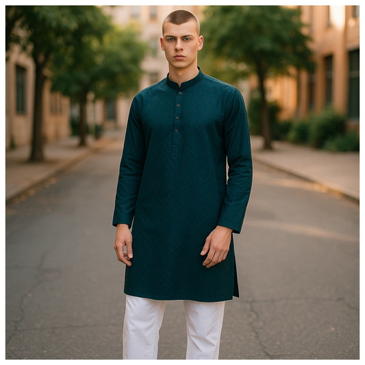 Dark Teal - Self Brocade Mens Kurta Set - Sangeet Mehendi Haldi - KCS1263 KP