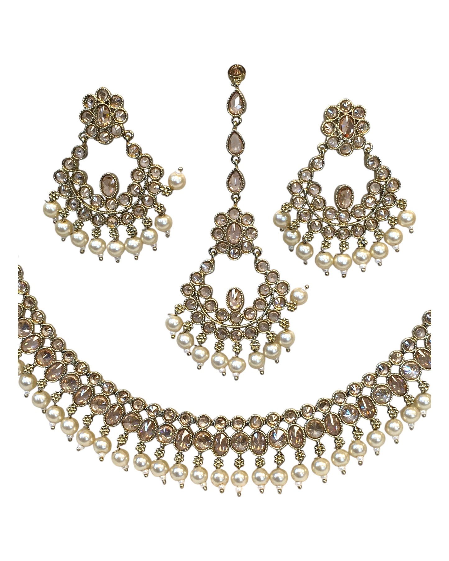 Gold / Neutral - Antique Gold Finish Necklace & Earrings Set - Bollywood - Weddings - KAJ1040 11KK24