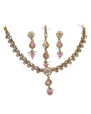 Pink - Small Size Antique Gold Finish Necklace Set with Earrings & Head Piece /Tika- SLV78 11Ap24