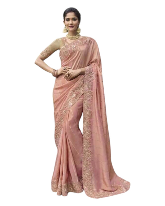 Peach - Handloom - Designer Embroidered Saree with Blouse Piece - SULBRI4012 PY 0425