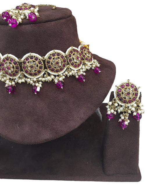 Fuchsia Magenta - Large Size Antique Gold Finish Necklace Set with Earrings - RAK05 VY 0424