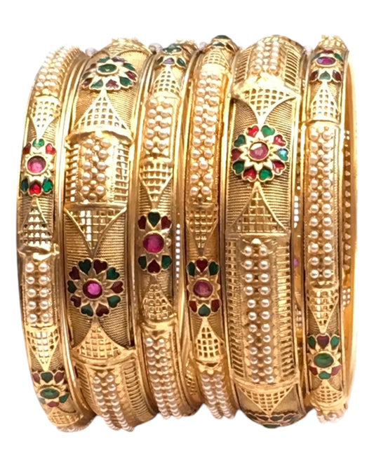 Antique Gold Finish Hand Crafted Rajasthani Kada & Bangles Set (Set of 6) - UK stock - SB1091 H